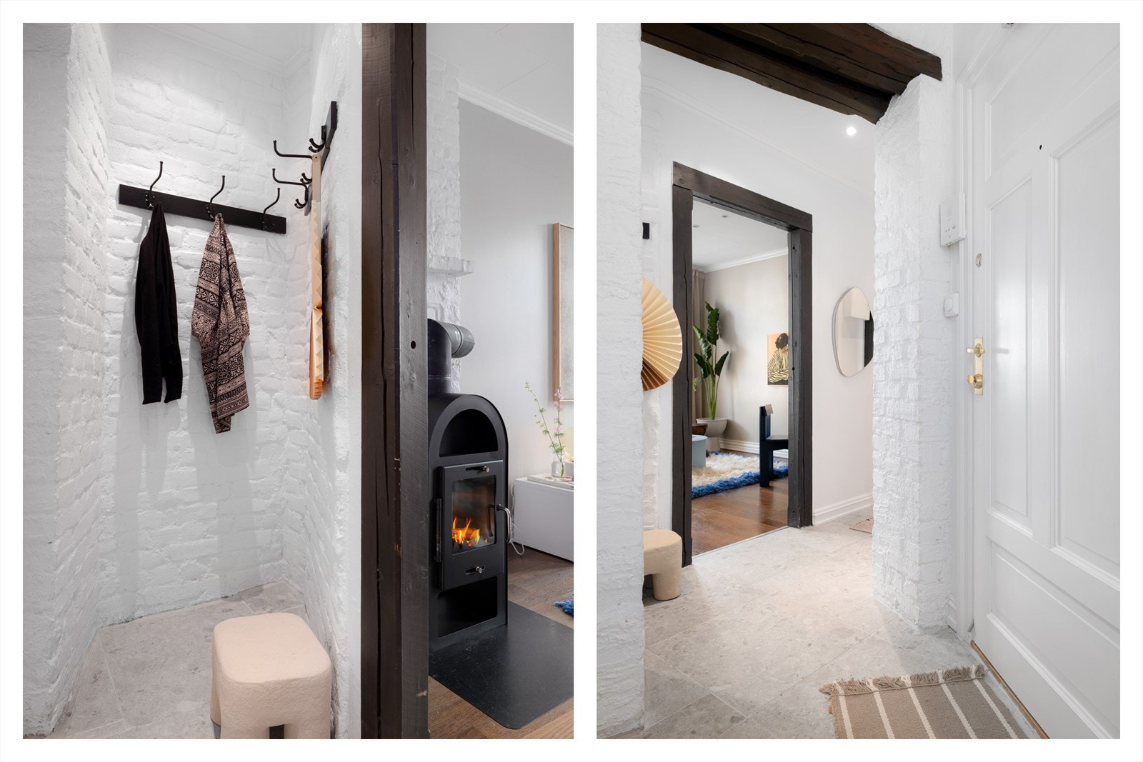 I en nisje i gangen kan ytterklær henges og skotøy oppbevares. Det er også flere skoskap langs veggen i mellomgangen. Galleribilde