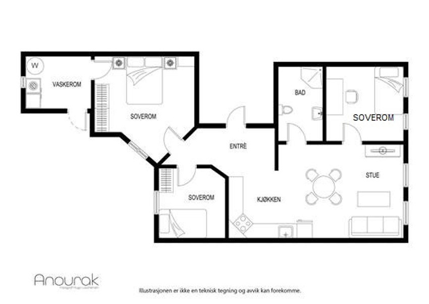 Planløsning for leiligheten. Tidligere vaskerom er nå omgjort til walk in garderobe. Galleribilde