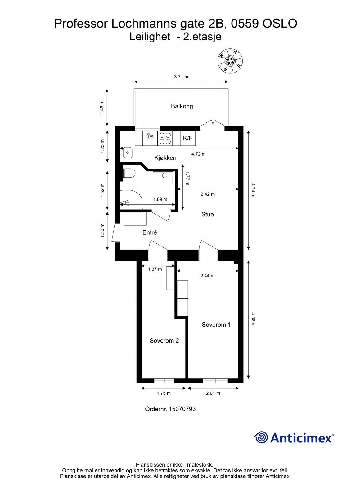 Plantegning. Svært gunstig planløsning med to gode soverom. Perfekt også til utleie eller for to venner som vil kjøpe sammen. Galleribilde