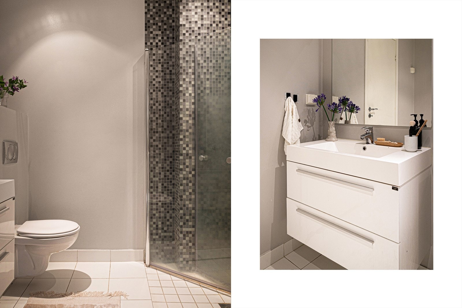 Badet er innredet med servant på servantskap, vegghengt toalett, dusjhjørne og speil. Det er også opplegg for vaskemaskin. Galleribilde