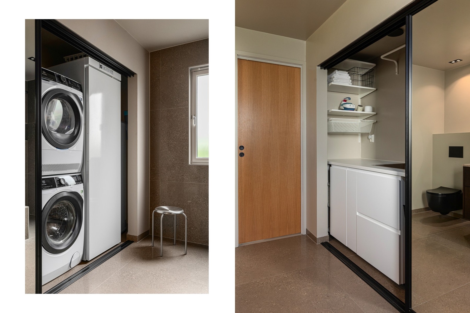 Smart "vaskeromsavdeling" med både vaskemaskin, tørketrommel og tørkeskap som kan følge handelen. Galleribilde