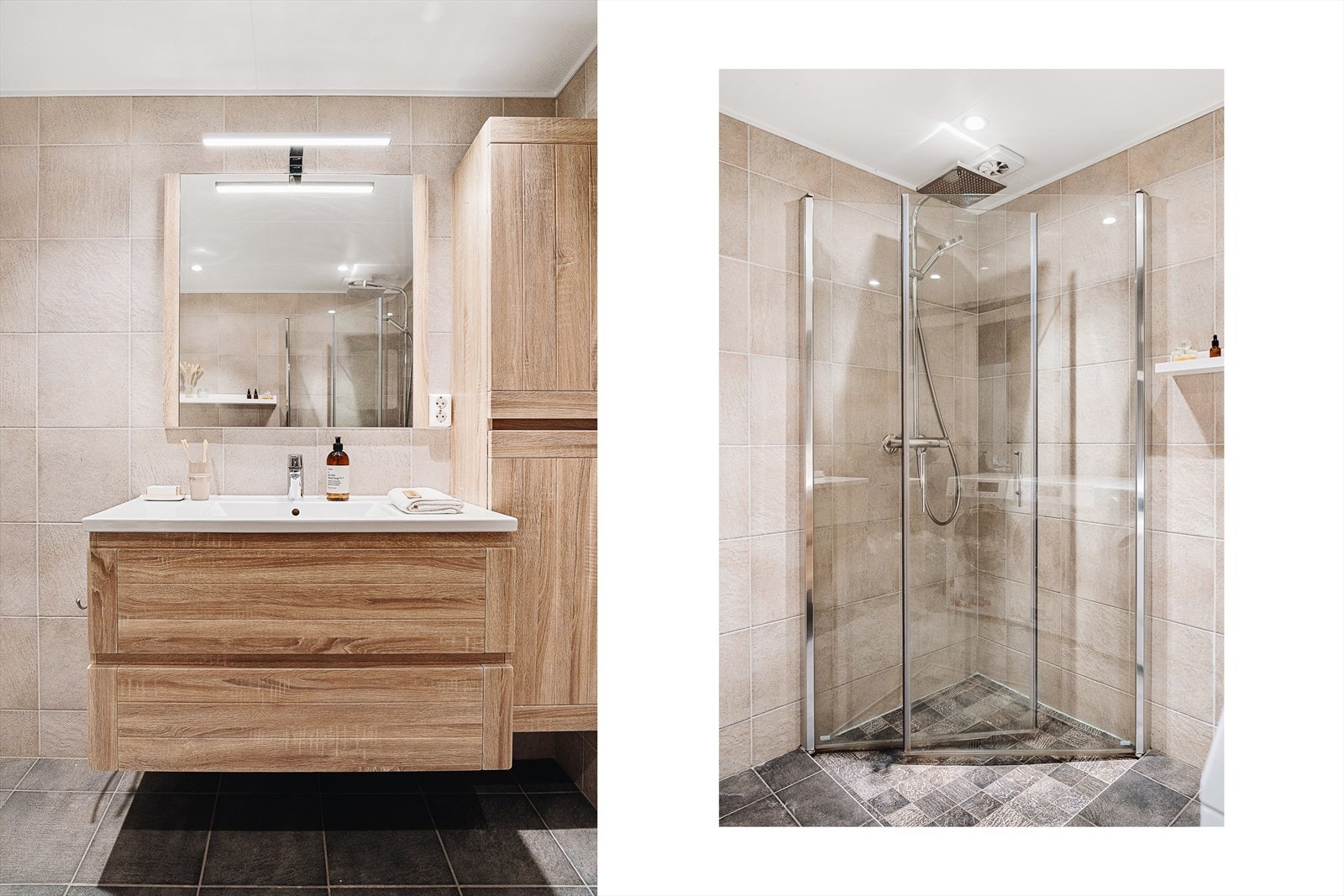 Badet ble pusset opp i forbindelse med rørfornyingen. Delilkat bad i en moderne utforming. Galleribilde