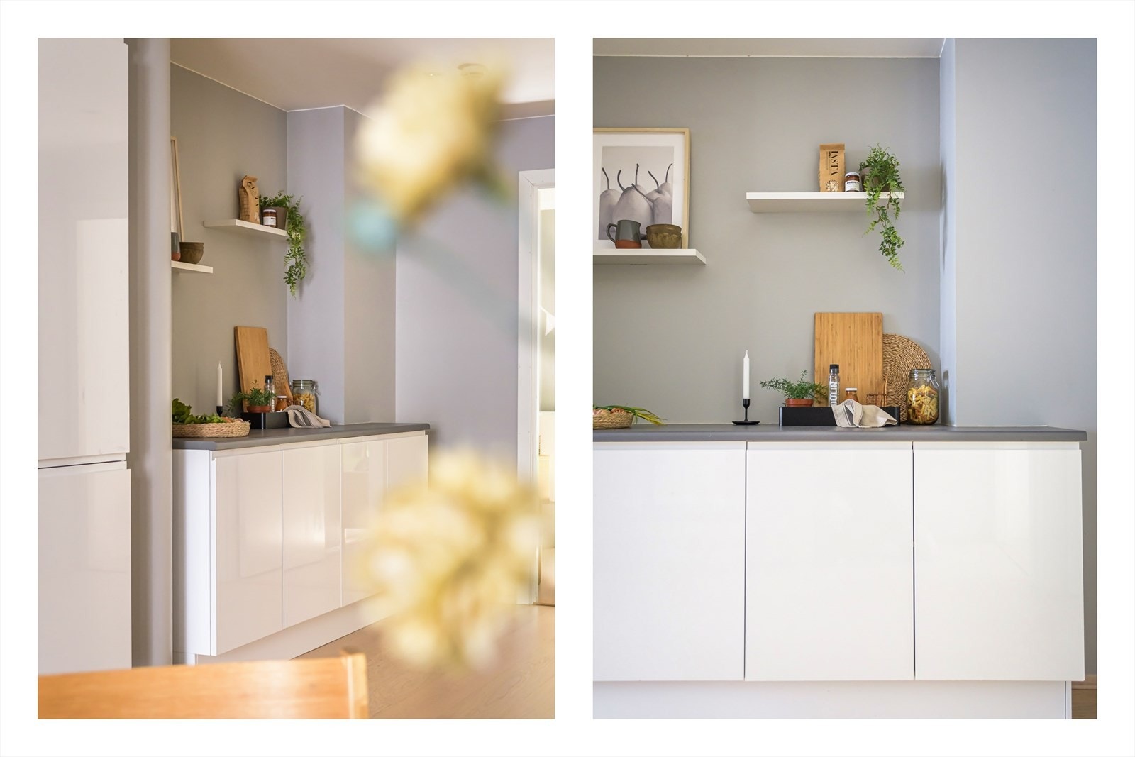 Kjøkkenet er utstyrt med integrerte hvitevarer som kjøl/fryseskap, oppvaskmaskin, platetopp og stekeovn. Det er avtrekk via balansert anlegg Galleribilde