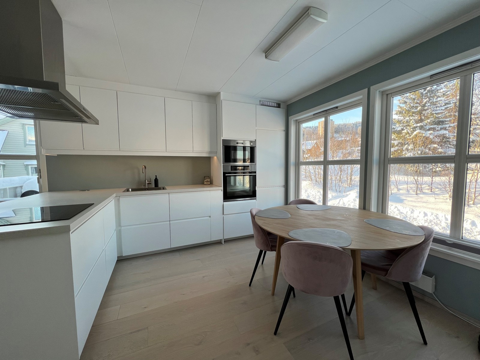 Moderne kjøkken med integrerte hvitevarer.