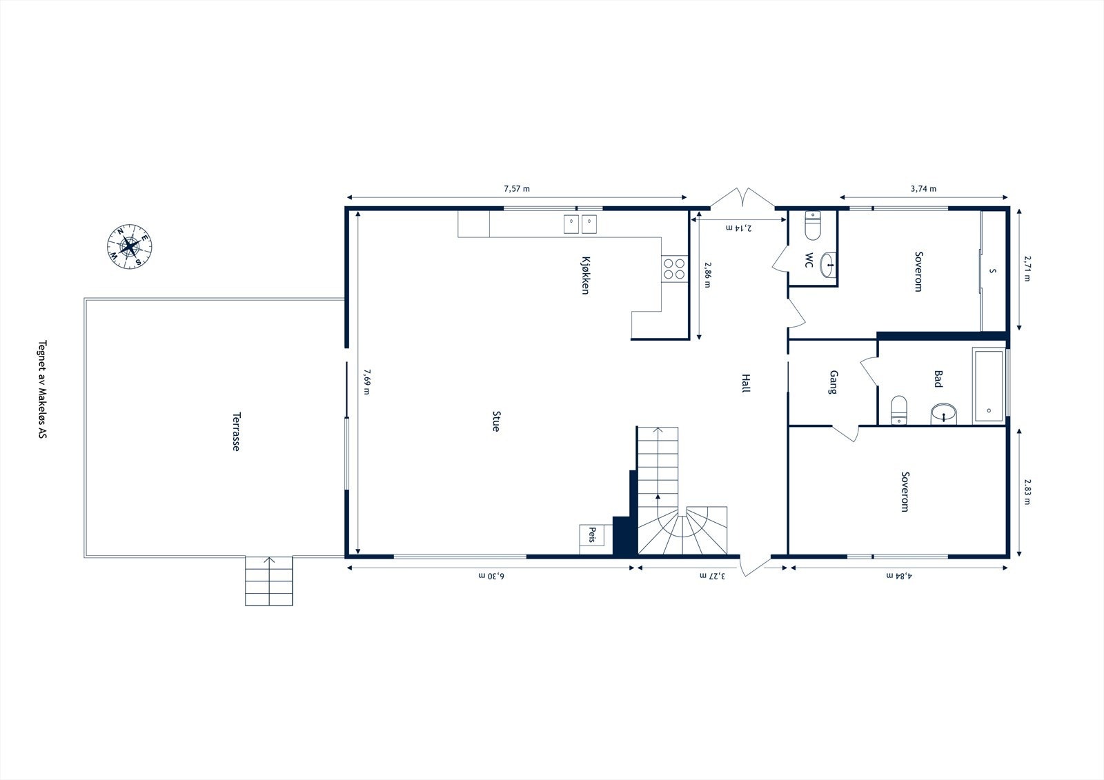 1. etasje: Hall med trapp, stue med peis, kjøkken, 2 soverom, liten mellomgang, bad/wc og separat toalettrom/gjeste wc Galleribilde