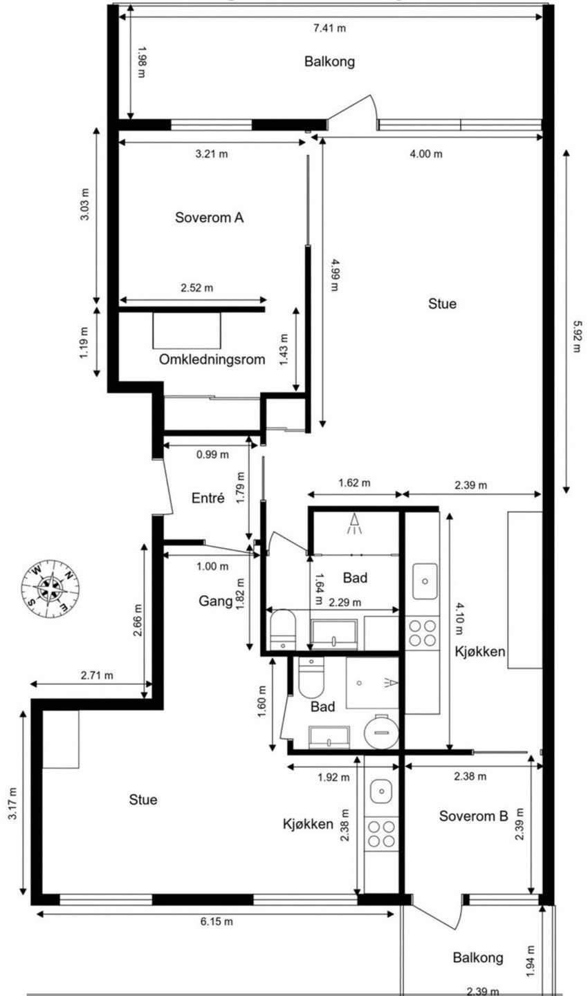 Alternativ planløsning for 3-roms med utleiedel. Galleribilde