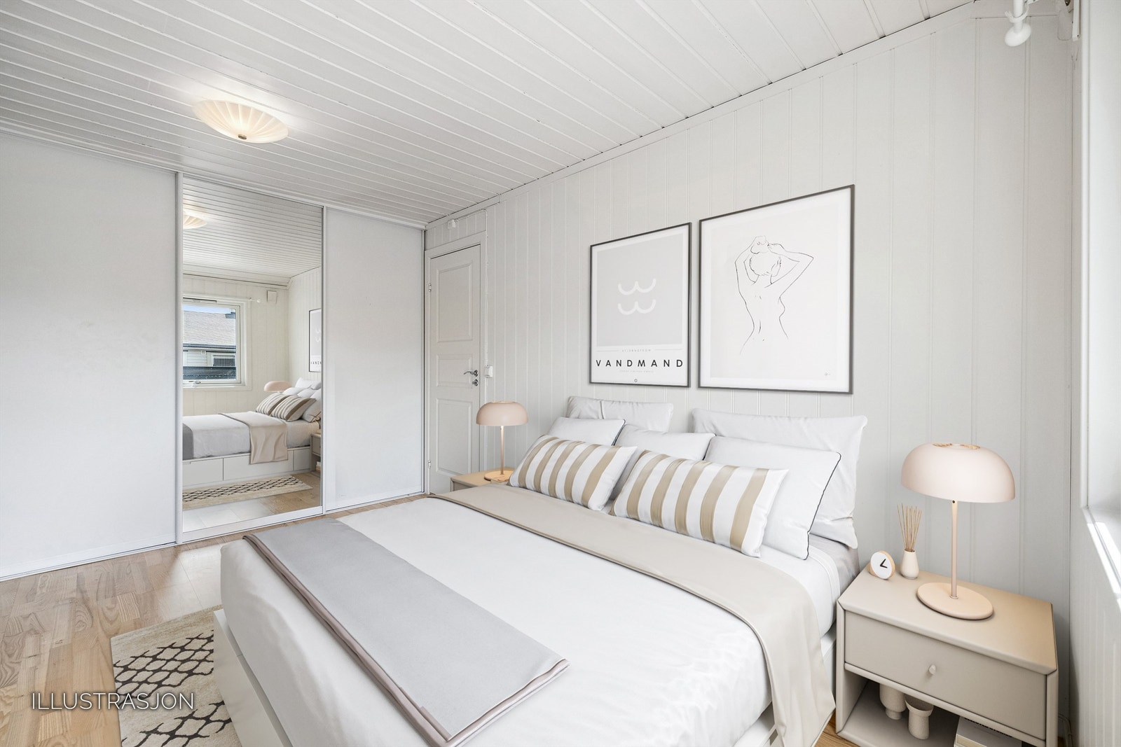 Soverom 1 ligger til høyre fra trappen opp i 2 etasje. HEer har du lyse fine flater. Samt et skyvedørsgarderobeskap for oppbevaring av klær og diverse. Galleribilde