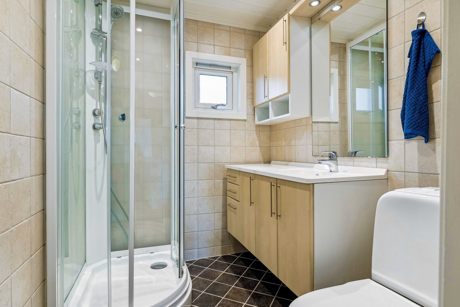 Badet inneholder innredning, toalett og dusjkabinett Galleribilde