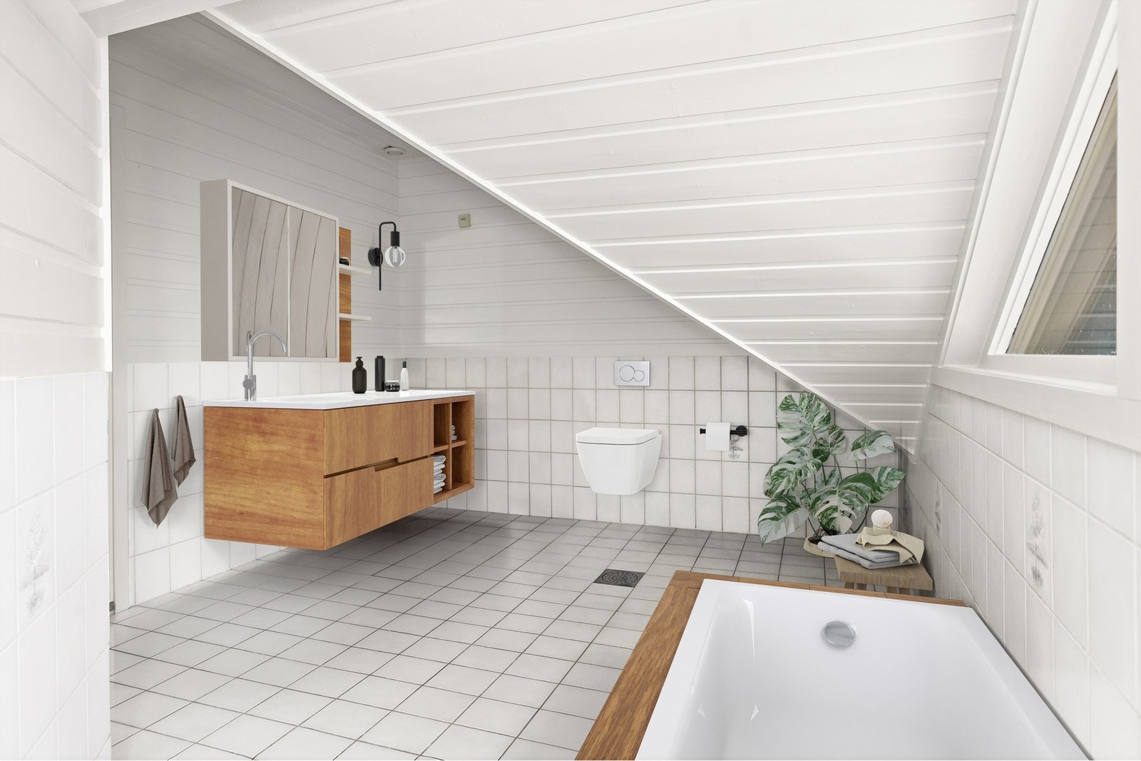 Digital møblert med innredning og badekar, ingen endringer på overflater. Her er det gulvstående toalett Galleribilde