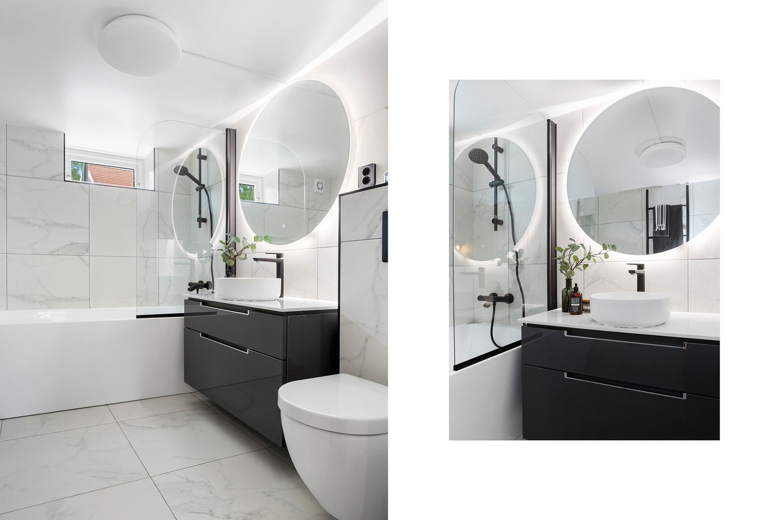 Stilrent og moderne bad i kjelleren - lekkert innredet med store fliser, speil med integrert belysning og praktisk kombinasjon av dusj og badekar Galleribilde