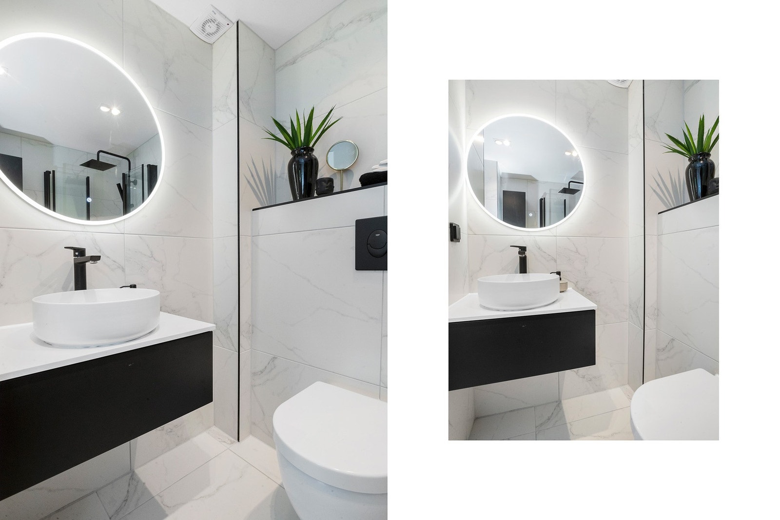 Bad 1. etasje - Moderne bad med dusjhjørne, flislagte overflater og vegghengt toalett Galleribilde