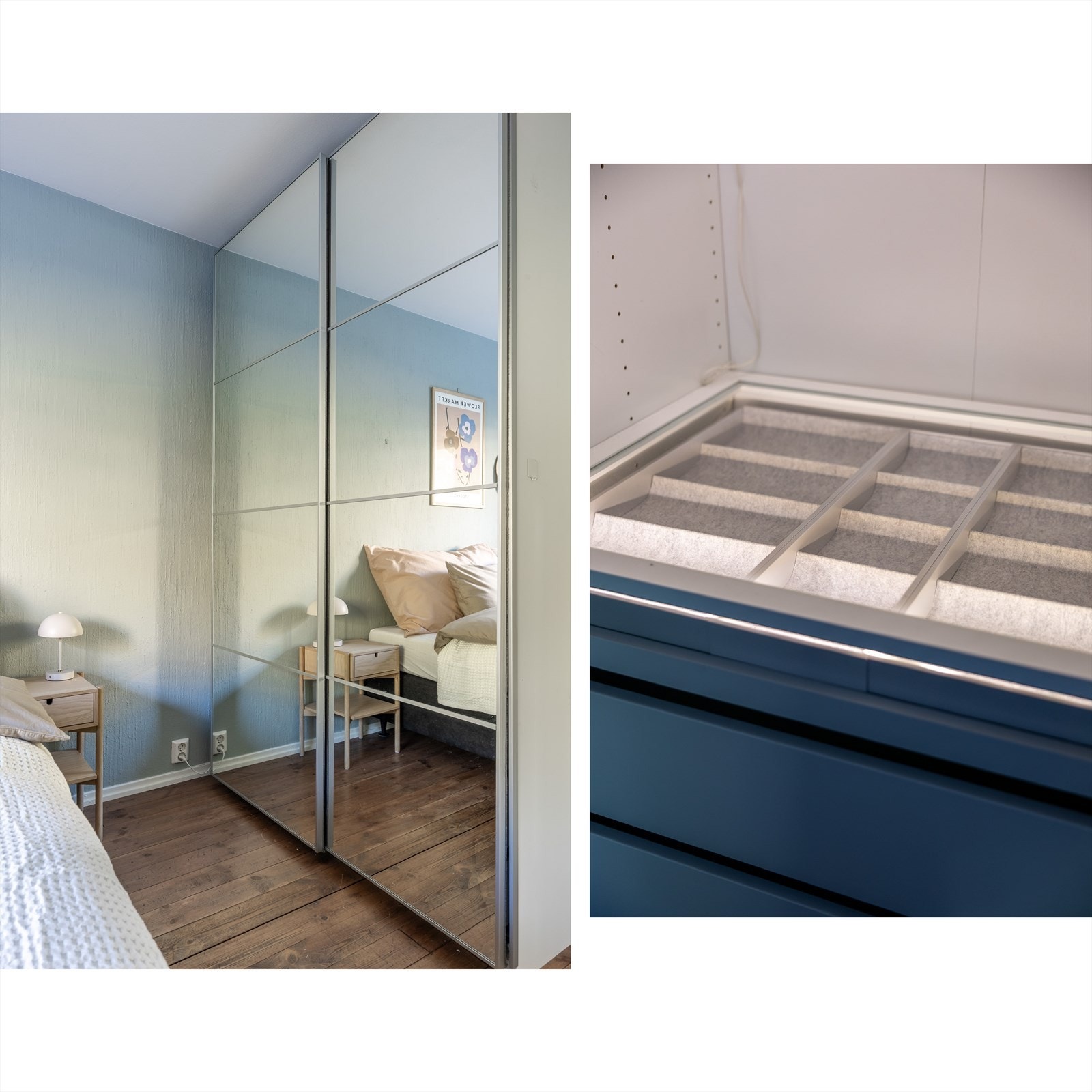 Stor skyvedørsgarderobe med speilfronter på soverom Galleribilde