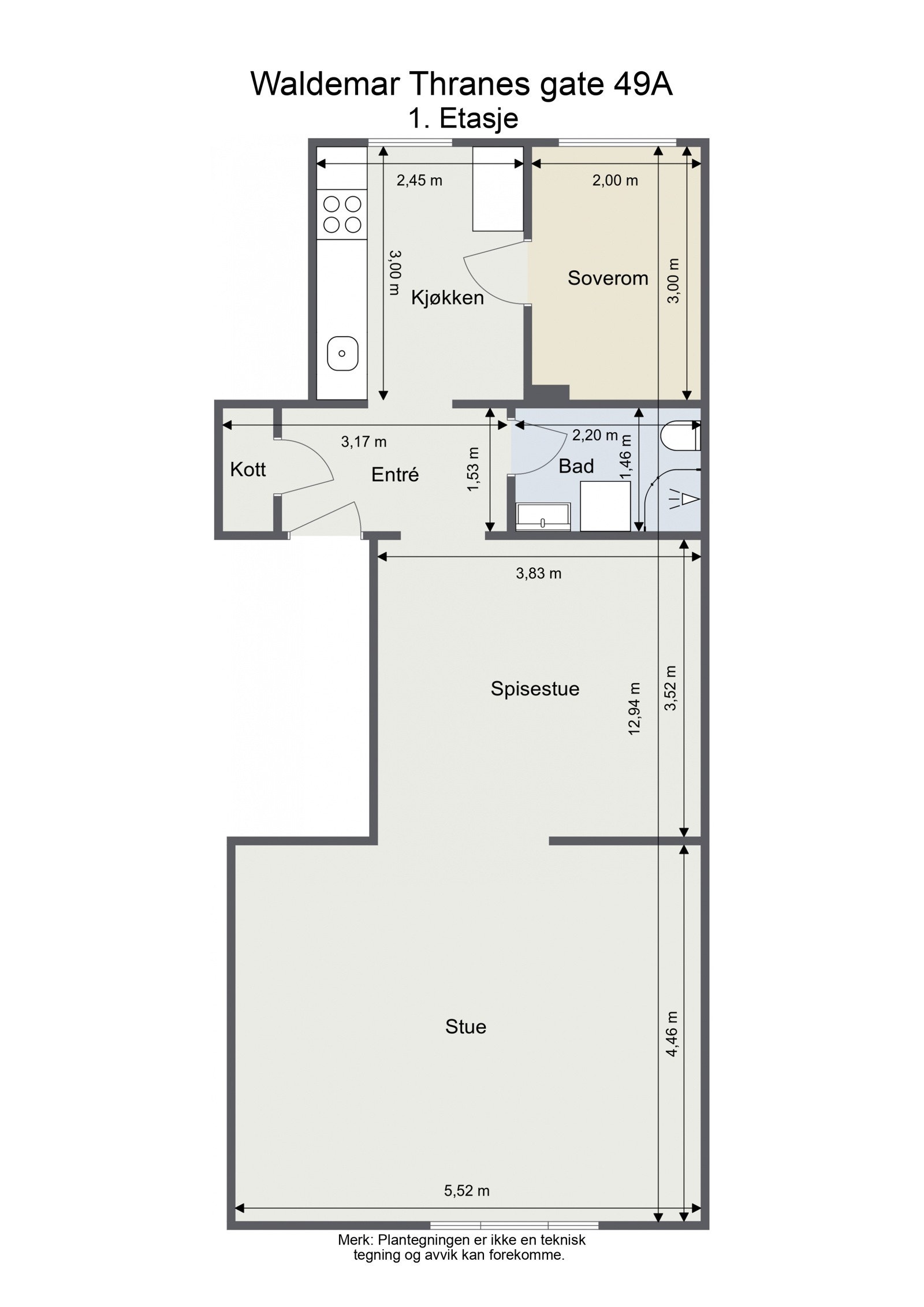 Plantegning med mål. I tillegg medfølger to boder i kjeller. Galleribilde