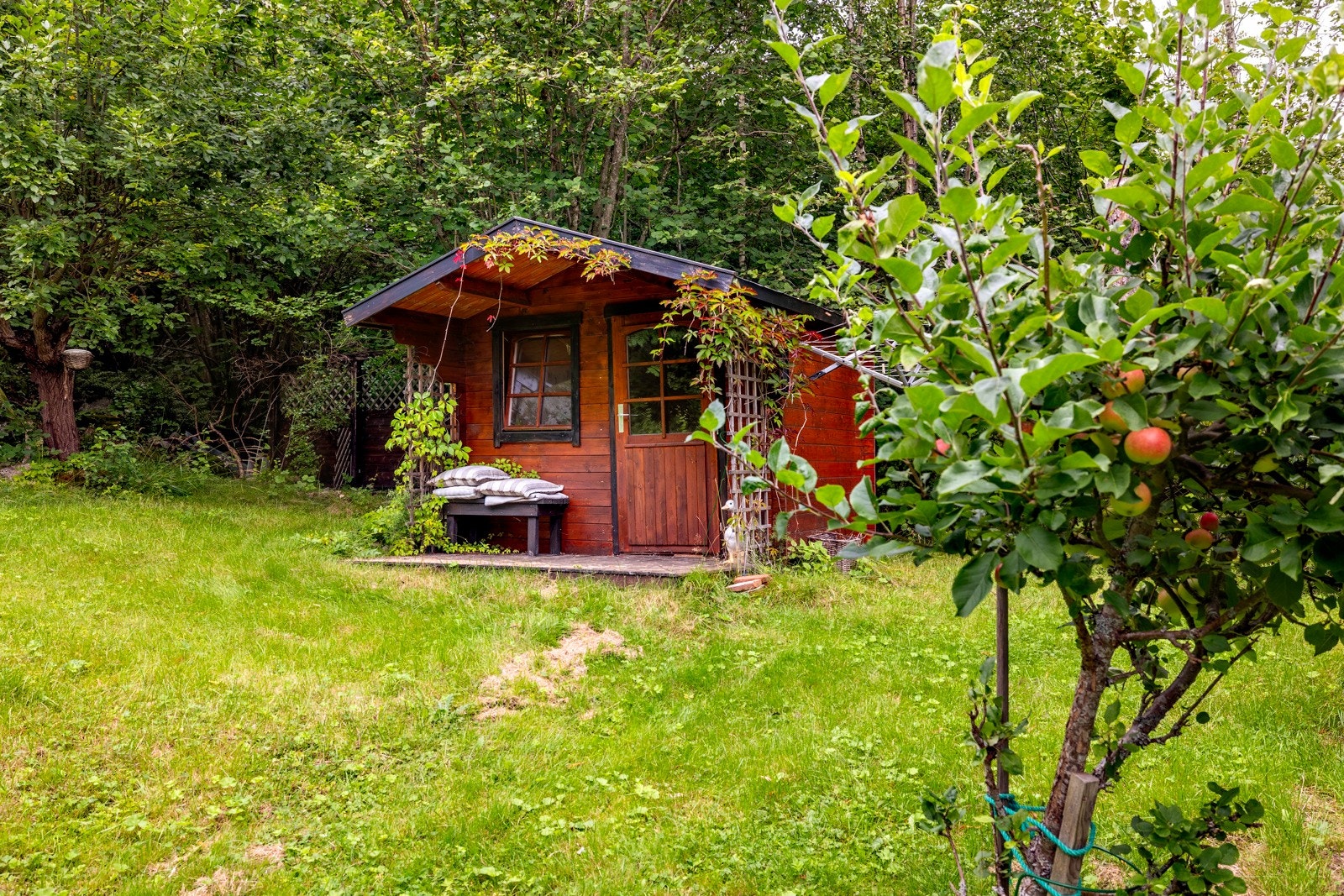 Tomten er på over 2,8 mål, opparbeidet med stor gressplen, epletrær, busker, en liten dam og diverse beplantning. Galleribilde