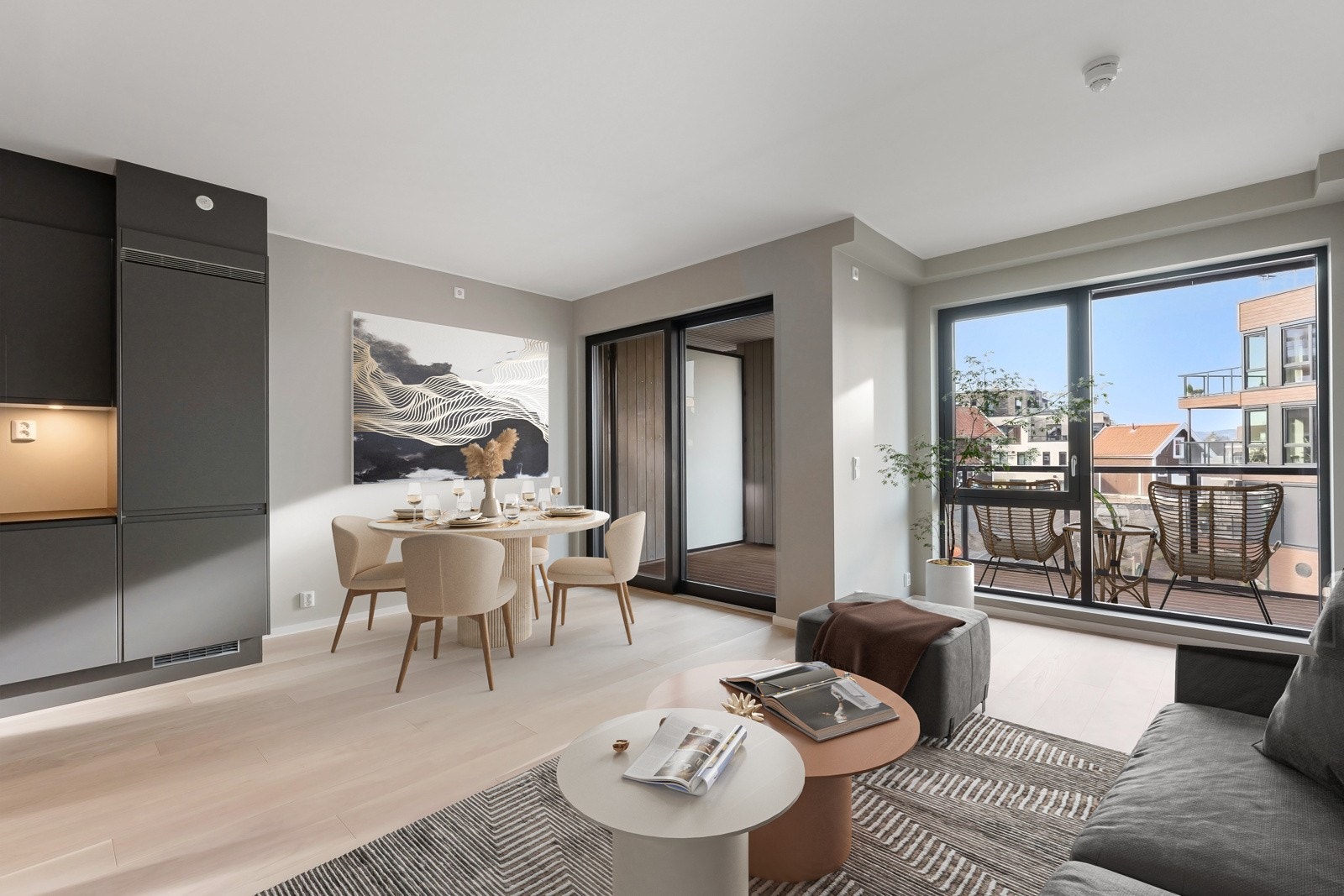 Her flytter man inn i en rålekker, ny 2-roms i et moderne bygg fra 2025 i attraktive Bekkestua Have. Bildet er virtuelt møblert. Galleribilde