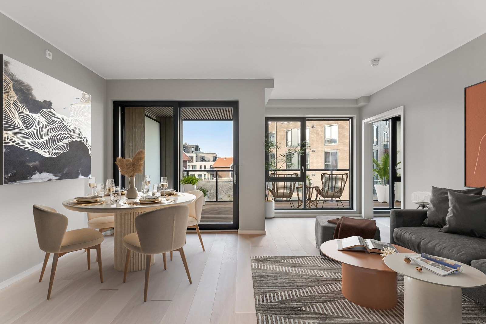 Boligen har en trivelig og romslig stue med plass til både sofagruppe og øvrig møblement. Bildet er virtuelt møblert. Galleribilde