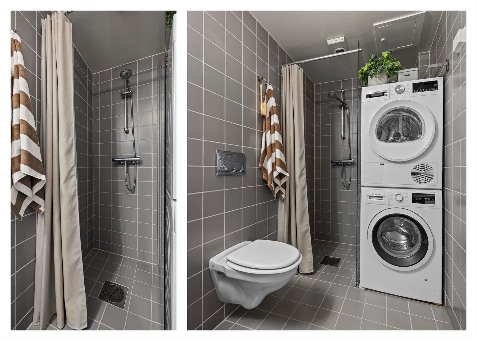 Badet er utstyrt med veggmontert toalett med innebygget sisterne, dusj på gulv og opplegg for vaskemaskin. Ventilasjonen skjer via mekanisk avtrekk, og tilluft sikres gjennom luftespalte under døren Galleribilde