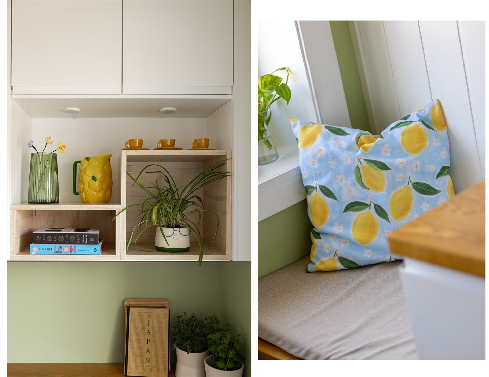 Stort vindu med morgen- og formiddagssol. Det er laget en hyggelig plassbygget sitteplass, perfekt sted å nyte en kaffekopp eller frokosten. Galleribilde