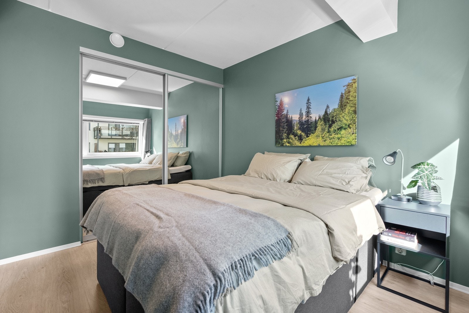 Det er en stor skyvedørsgarderobe med gode oppbevaringsmuligheter. Galleribilde