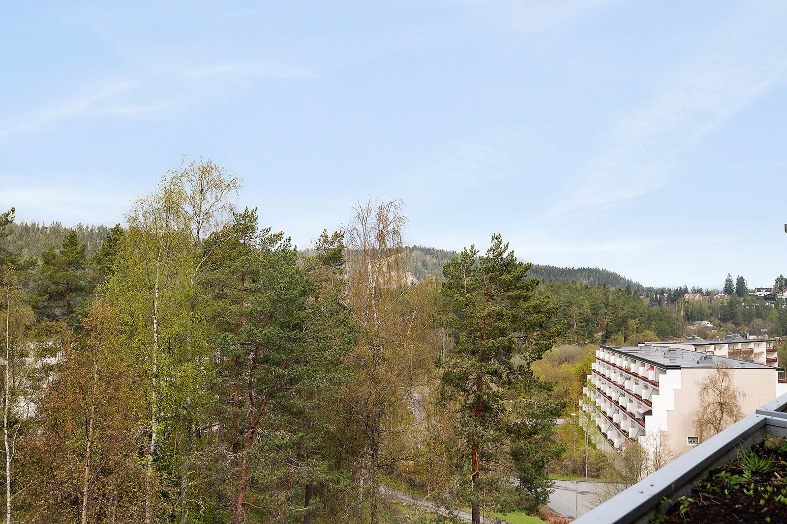 Borettslagets felles uteområde er grønt og fint med beplanting , gress samt asfalterte interne gangveier Galleribilde