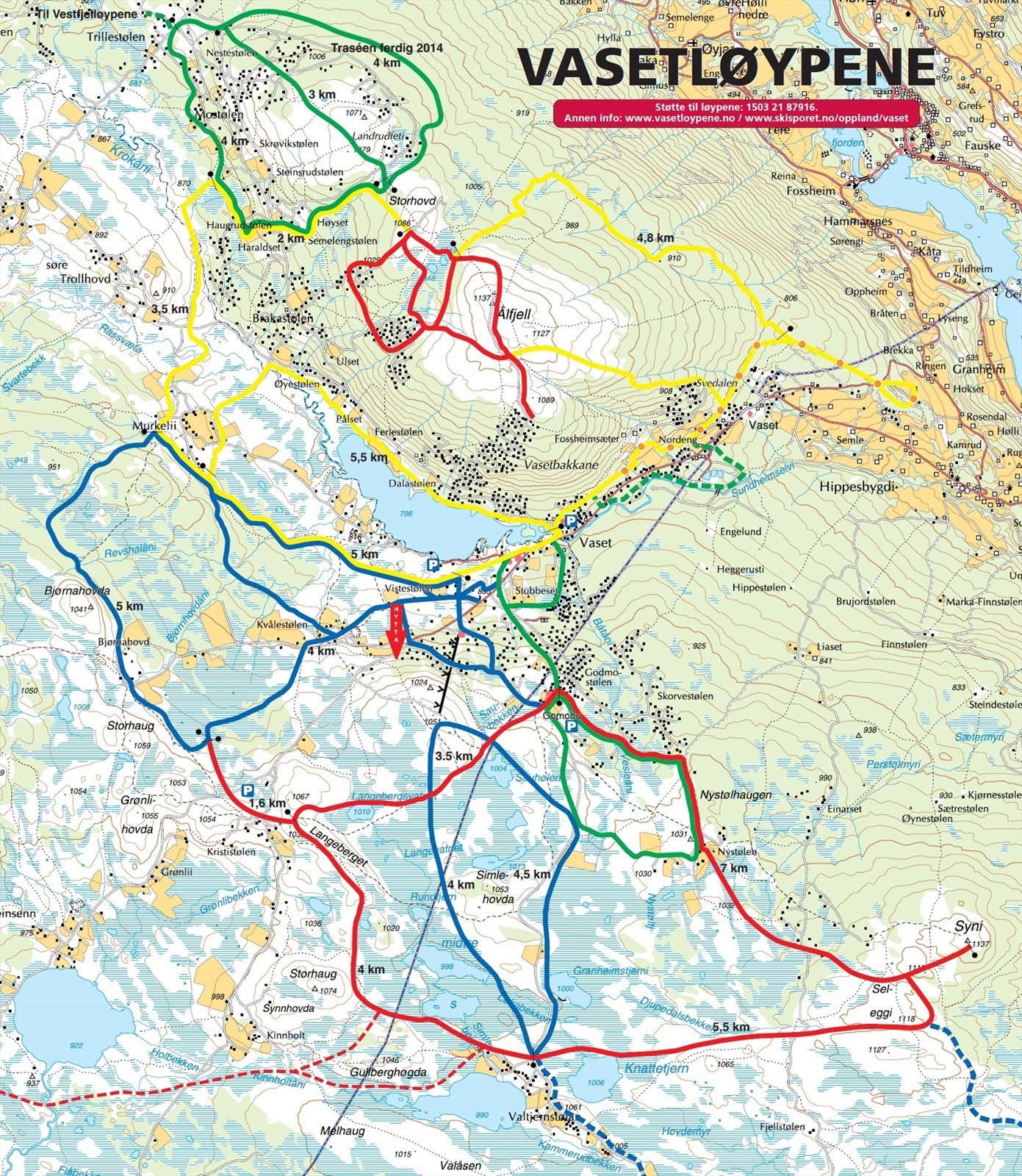 Løypekart for Vasetløypene, hytta markert med pil. Galleribilde