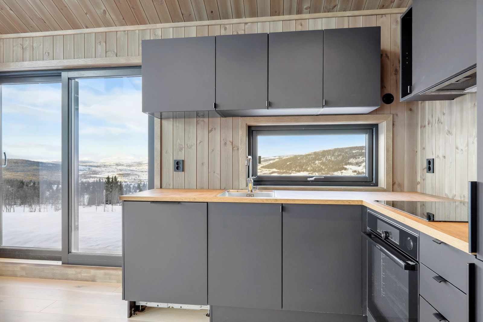 Integrerte hvitevarer som stekeovn, koketopp og ventilator i sort utførelse. Kjøl- og fryseskap, samt oppvaskmaskin som innbyggingsprodukter. Galleribilde