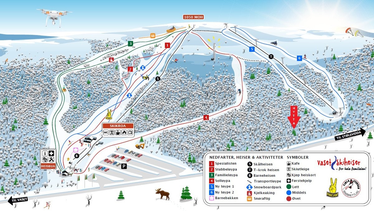 Vaset Skiheiser er verdt et besøk. Her er hytta markert beliggende med pil. Galleribilde