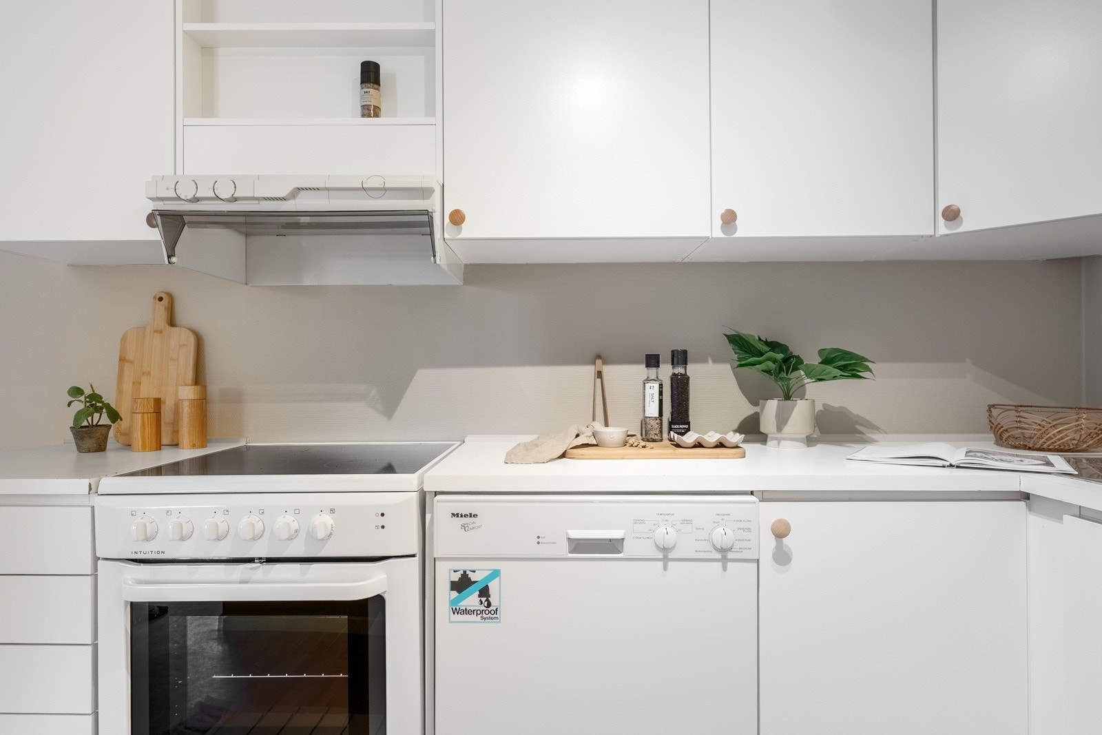 Følgende hvitevarer følger med: kjøleskap, oppvaskmaskin, komfyr og ventilator. Galleribilde
