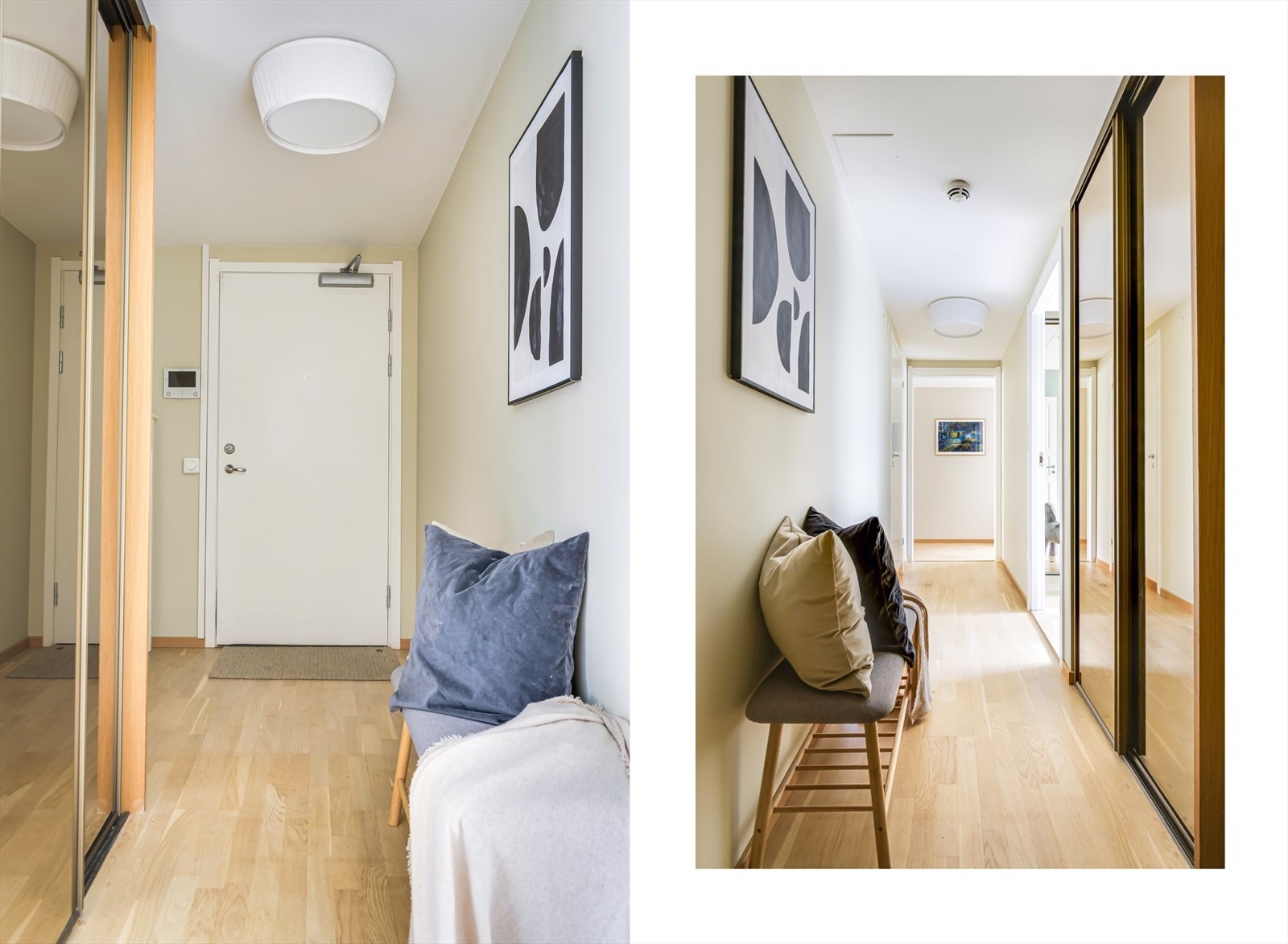 Entréen gir et godt førsteinntrykk av boligen med lysmalte vegger og gode oppbevaringsmuligheter i skyvedørsgarderobe og fastmontert skoskap. Galleribilde