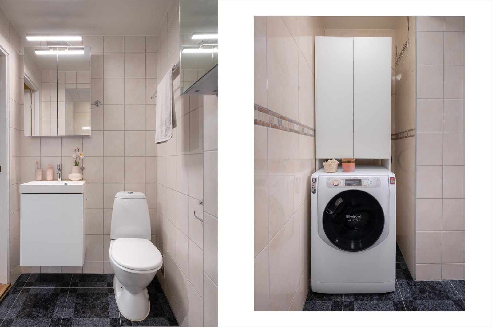 Badet ble pusset opp i 2011 av en tidligere eier, og har flere smarte løsninger for å maksimere oppbevaringsplassen med servant underskap, to speilskap og overskap til vaskemaskinen. Galleribilde