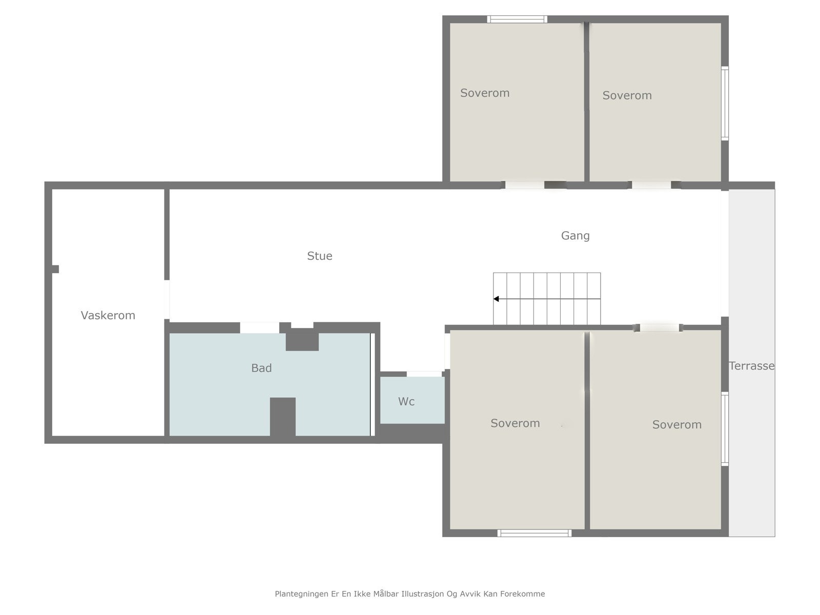 Alternativ plantegning underetasje med fire soverom i underetasjen (slik det var opprinnelig). Dette gjøres enkelt ved å sette opp lettvegger og dører til hvert av rommene. Galleribilde