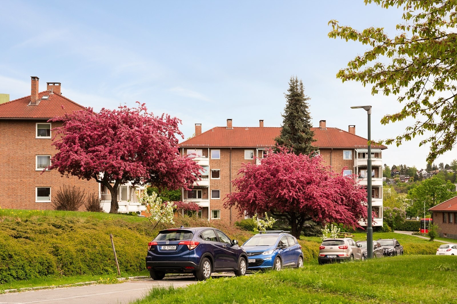 Beboere i borettslaget kan parkere kostnadsfritt på oppmerkede plasser langs borettslagets adkomstveier, forutsatt at registreringsnummer er registrert elektronisk. Galleribilde