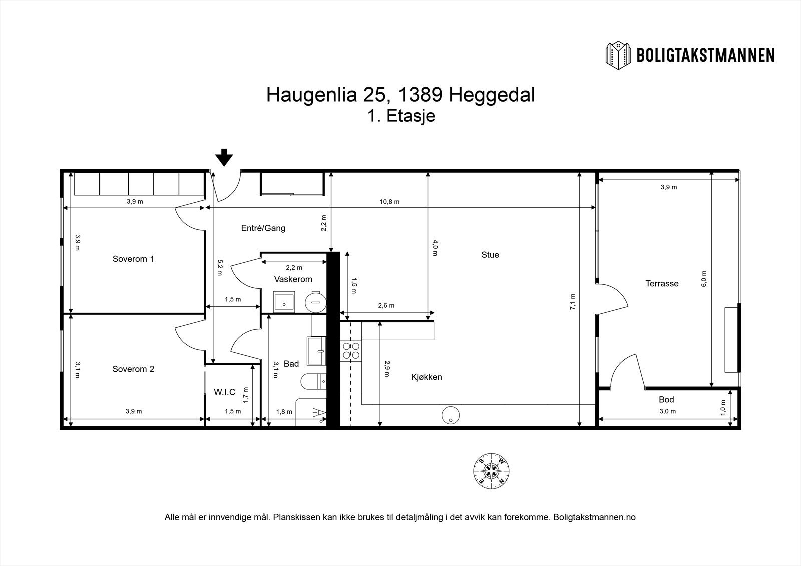 Plantegning. Leiligheten er opprinnelig tegnet inn med totalt 3 soverom og det mulig å dele av soverom 1 hvis ønskelig. Galleribilde