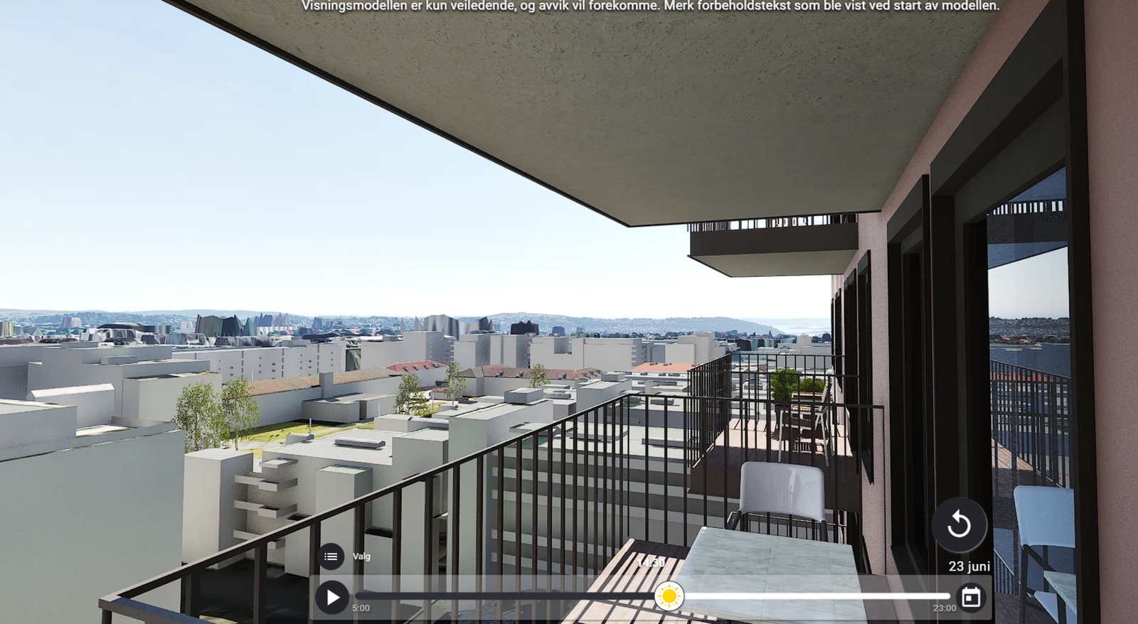 Bildet er lånt fra utbygger solmodell og viser utsikten og solforholdene for den aktuelle leiligheten. Her nyter du sol fra tidlig morgen frem til ca. 14:30. Galleribilde