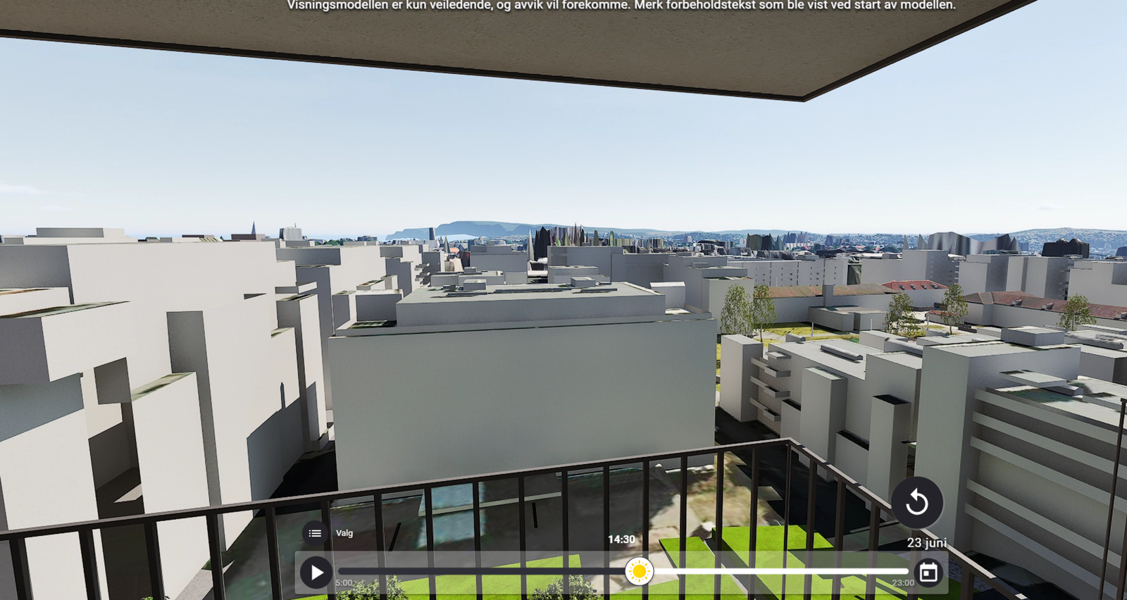 Bildet er lånt fra utbygger solmodell og viser utsikten og solforholdene for den aktuelle leiligheten. Her nyter du sol fra tidlig morgen frem til ca. 14:30. Galleribilde