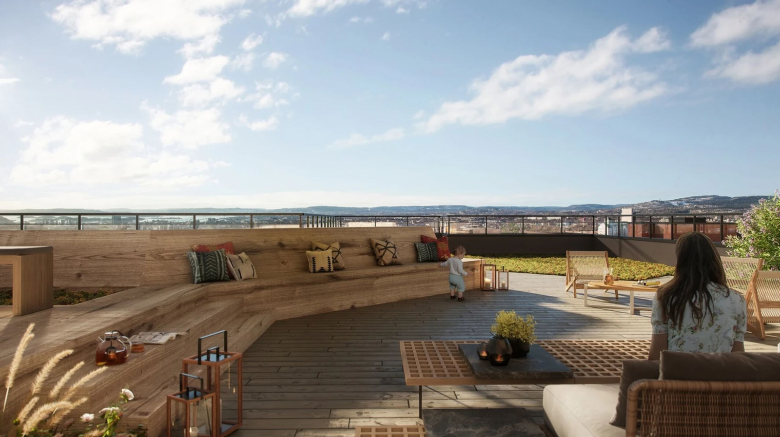 Det planlegges møblerte og grønne takterrasser som beboerne har delt tilgang til. Her kan du invitere gjester, kose deg alene i solen eller treffe gode naboer over en kaffekopp. Her vil det være flott utsikt og gode solforhold. Galleribilde