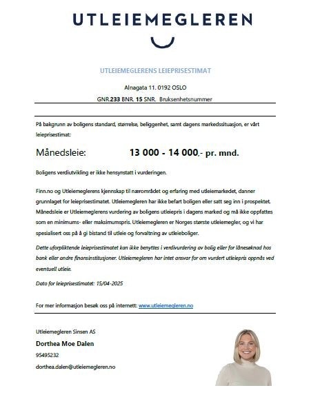 Utleie-estimat fra Utleiemegleren. Estimert utleiepris til 13-14.000kr pr. mnd. i skattefrie leieinntekter! Galleribilde