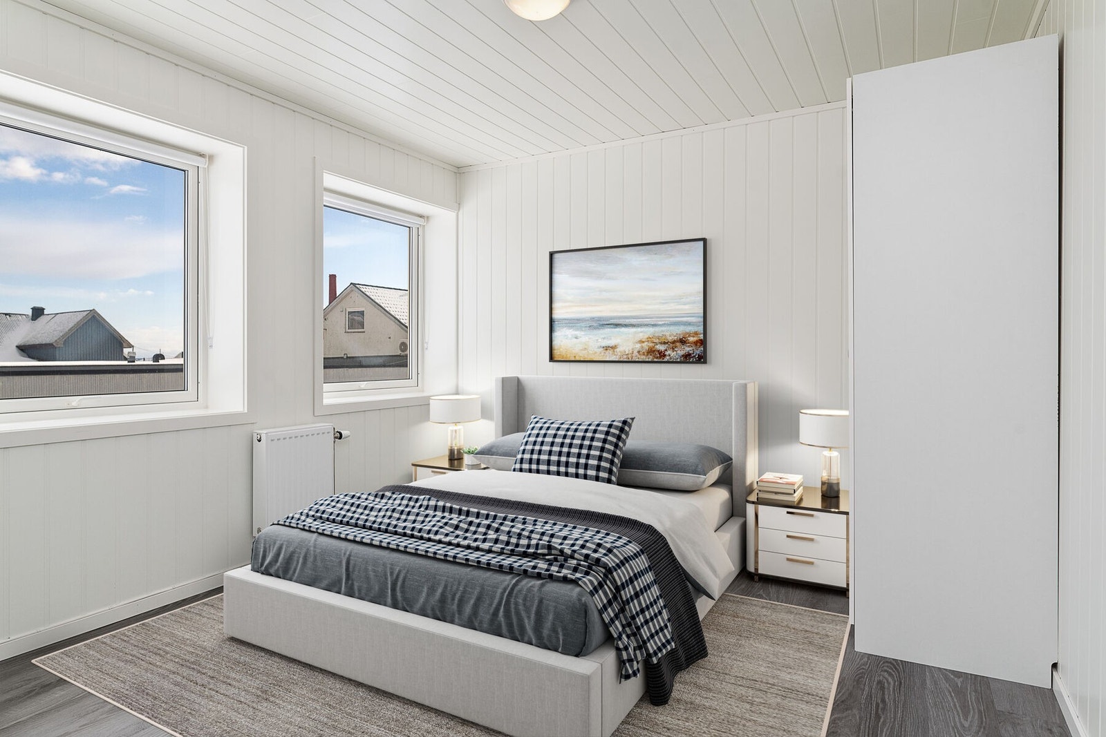 Soverom med godt lysinnslipp. Hovedoppvarming med vannbåren varme via nye radiatorer. Soverommet har plass til både dobbeltseng og garderobeskap. Bildet er digitalt stylet. Galleribilde