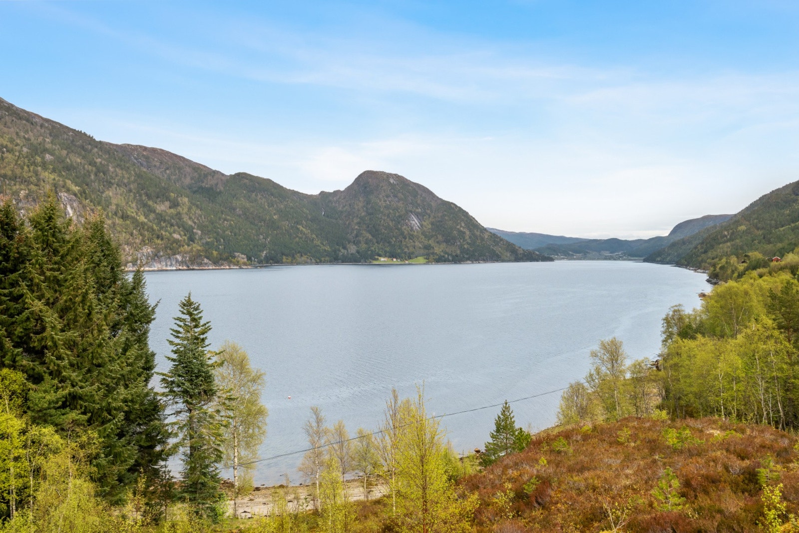 Utsikten er slående vakker over Snillfjorden, fjell og grønne skoger. Galleribilde