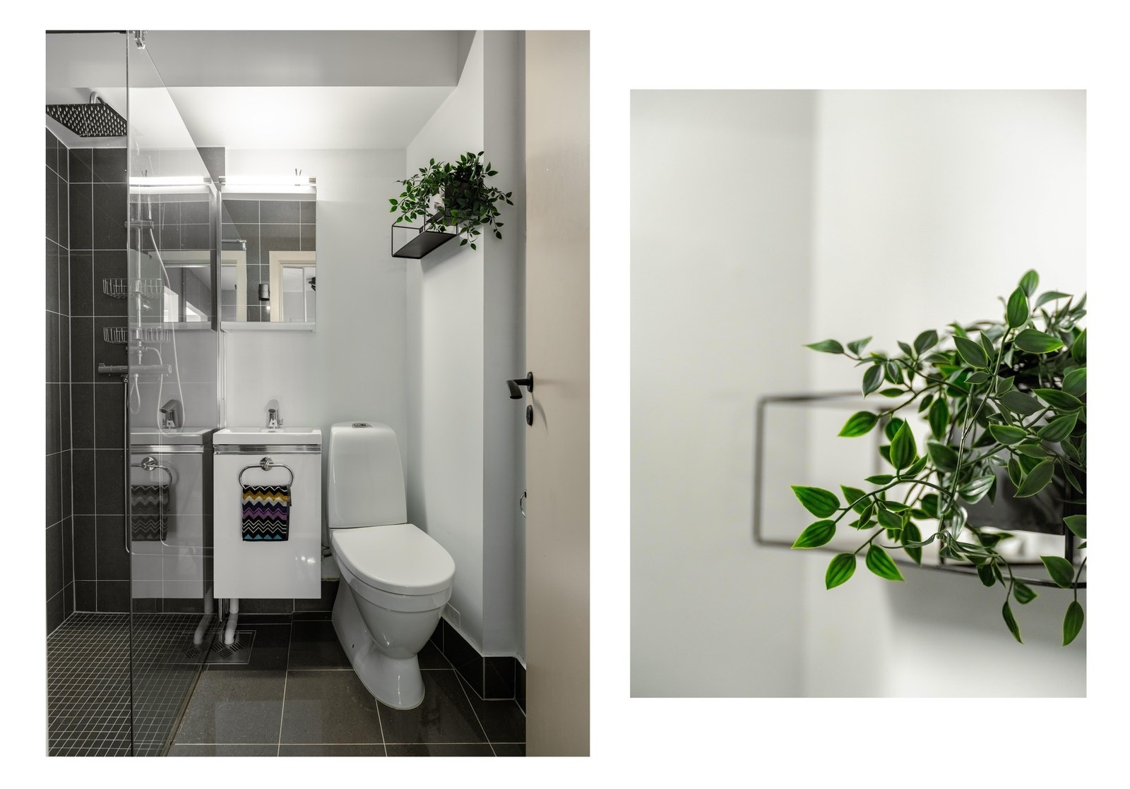 Baderommet ble overflatepusset opp i 2020, med nye fliser, dusjhjørne, servant og overskap. Toalett er fra 2023. Galleribilde