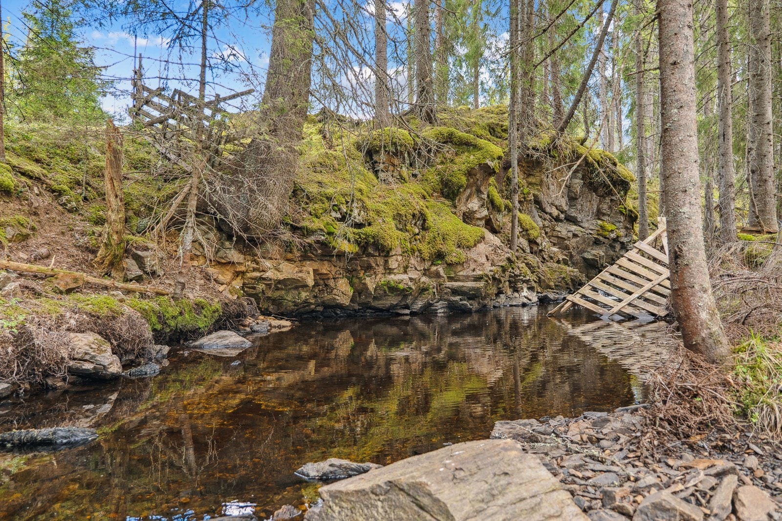 Bekk langs tomten. Det er virkelig en gave å ha en bekk langs tomten og muligheten til å bade i egen kulp - Å kunne ta et forfriskende bad i kulpen på varme sommerdager må være en fantastisk opplevelse. Galleribilde