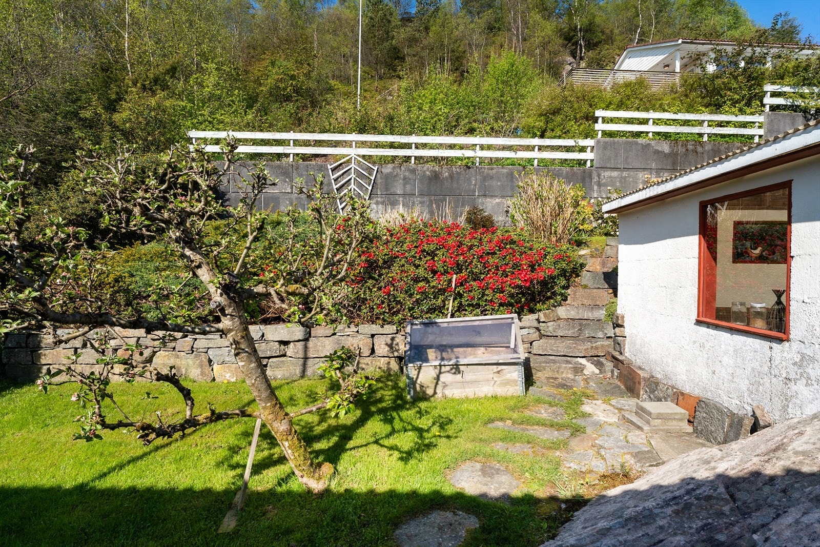 Steinbelagt sti og grøntområder. Galleribilde