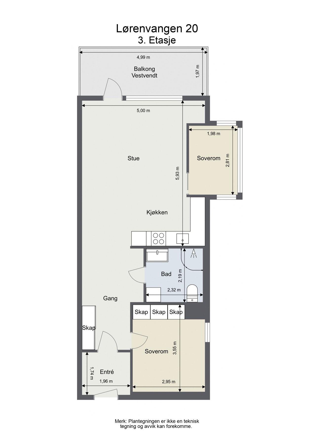 Plantegning. Leiligheten disponerer en kjellerbod på ca. 5 kvm. Galleribilde