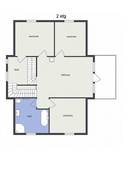 Plantegning 2. etasje - I tillegg er det loft en etasje opp med soverom, innredet rom og loftsstue Galleribilde