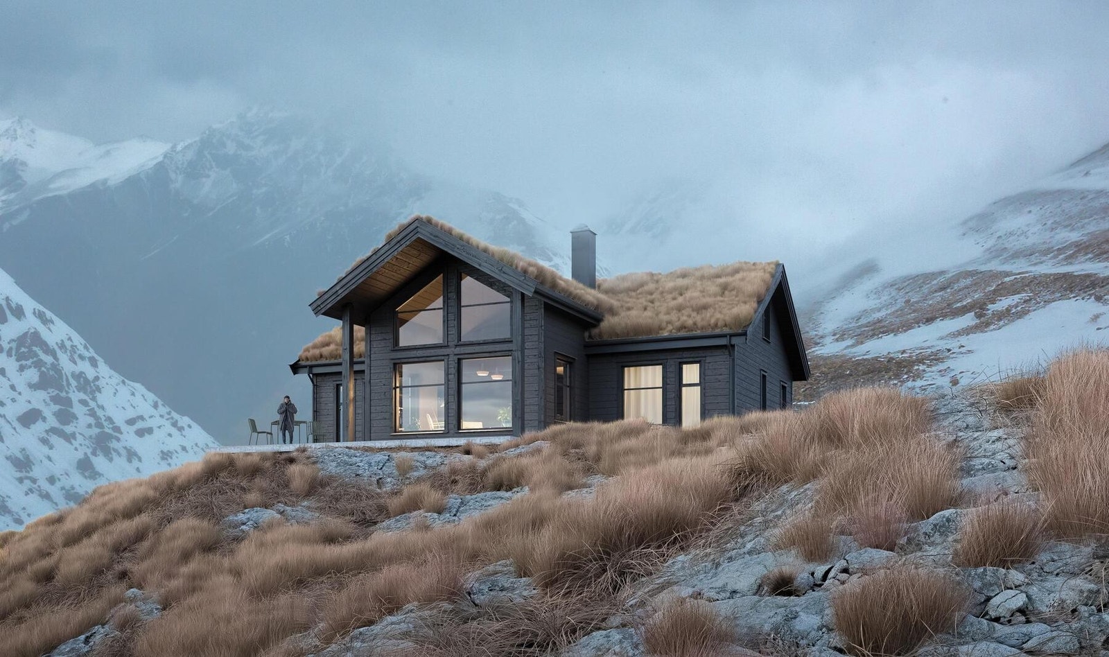 Hyttemodell Polar 110 byr på panorama til naturen. Utstikk og søyler i front er tilvalg. Illustrasjon Galleribilde