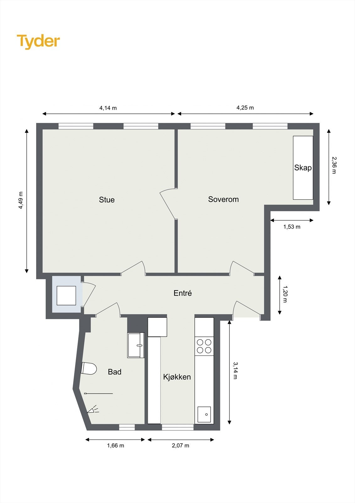 Oppmålt plantegning for leiligheten. Galleribilde