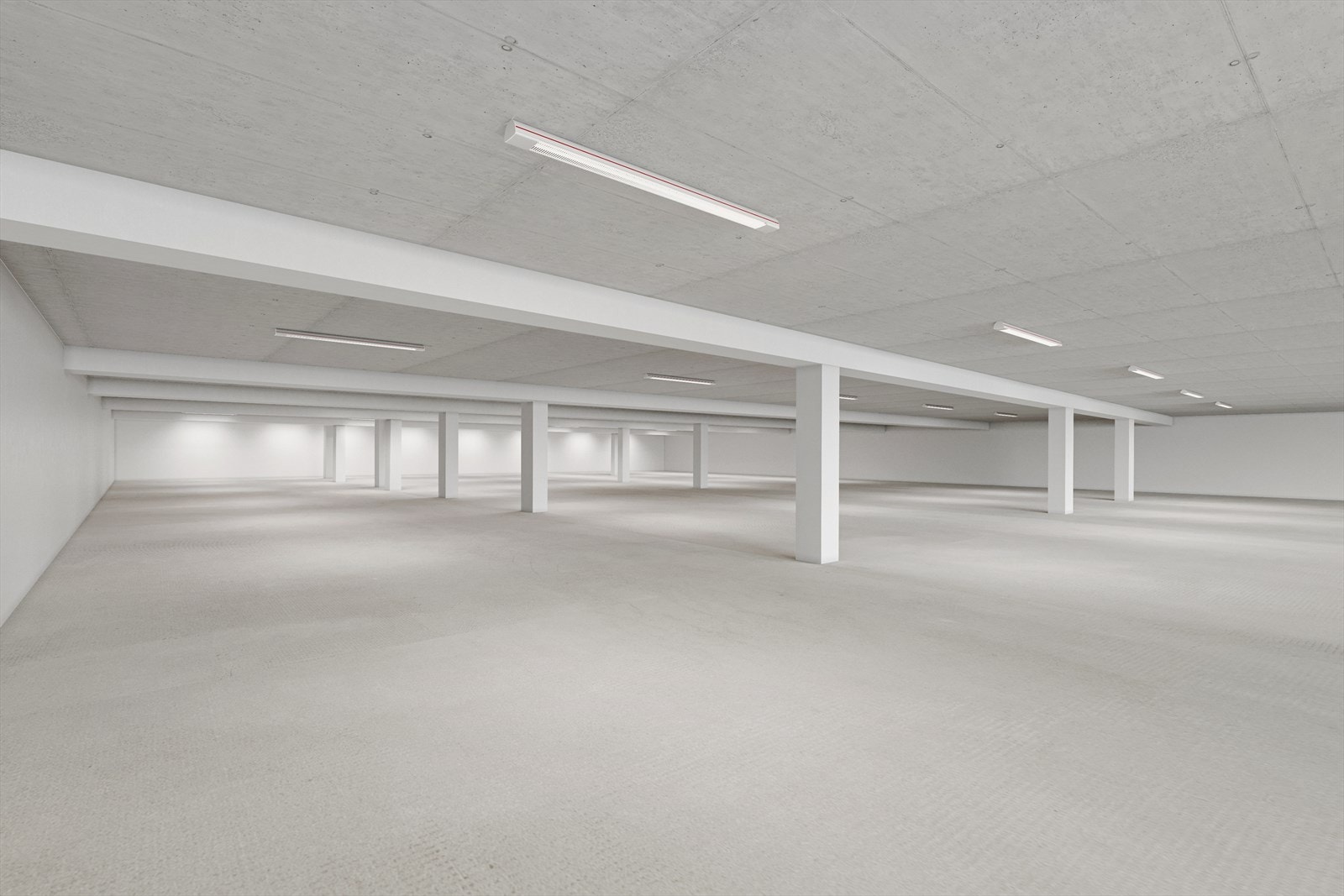 Garasjeanlegget er av fin størrelse. Bildet er digitalt renovert for å vise anlegget uten biler og lignende. Galleribilde