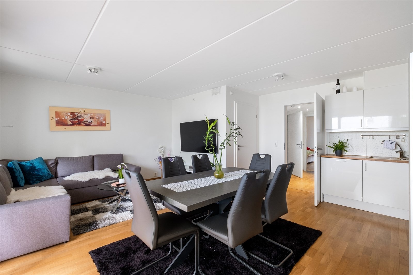 Det er plass til sofaseksjon, tv-møbel og spisegruppe. Galleribilde