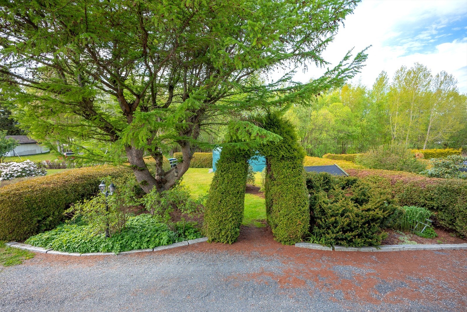 Dekorativ og hyggelig inngang til hagen med beplantning. Galleribilde