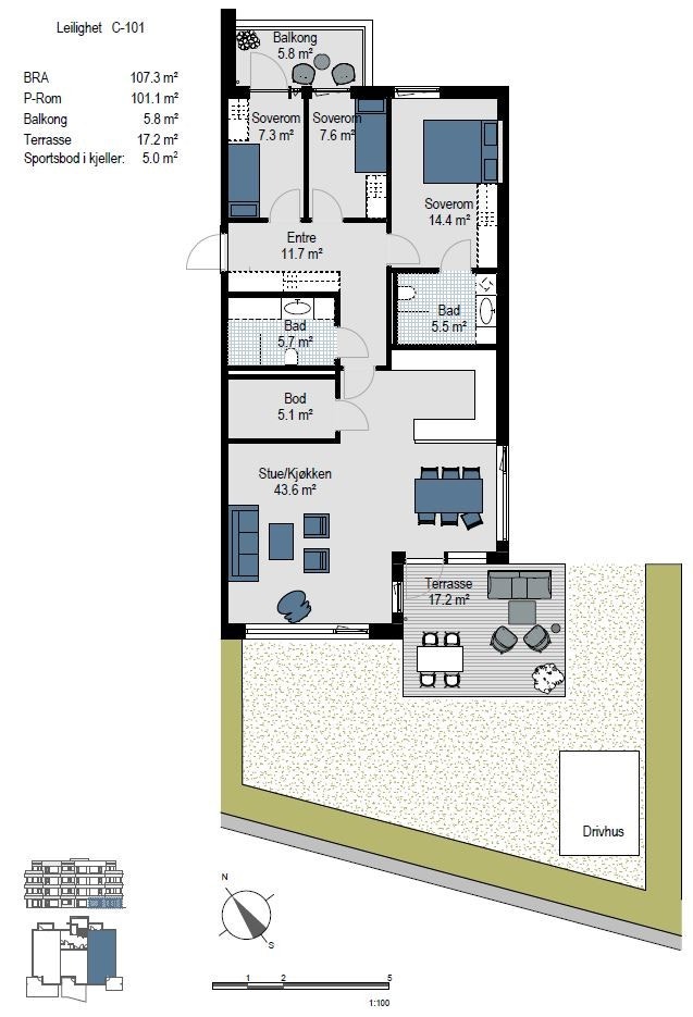 Romslig leilighet med tre soverom, to bad, balkong og stor terrasse Galleribilde